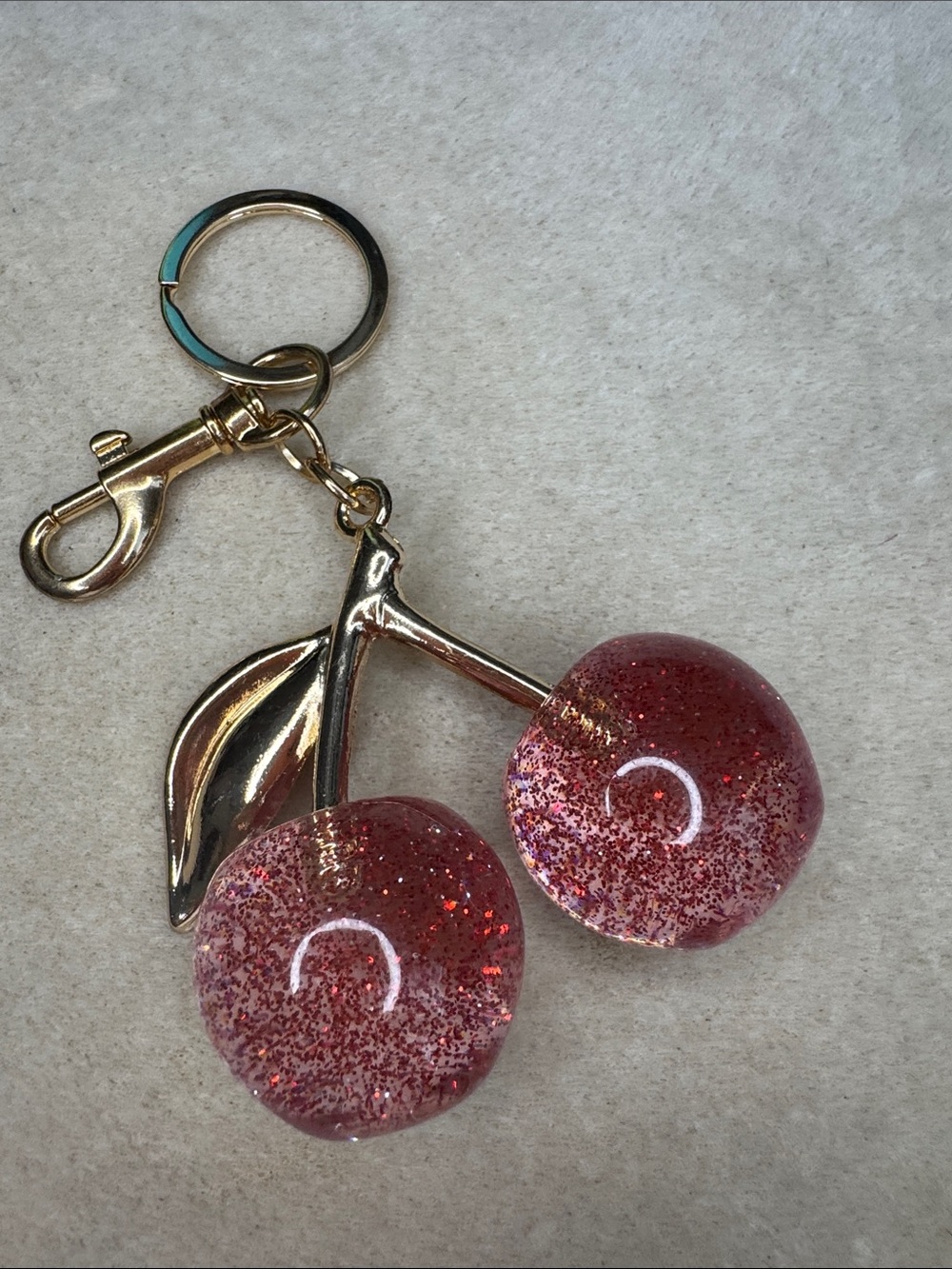 Gold Cherry Keychain with Pink Glitter Cherries
